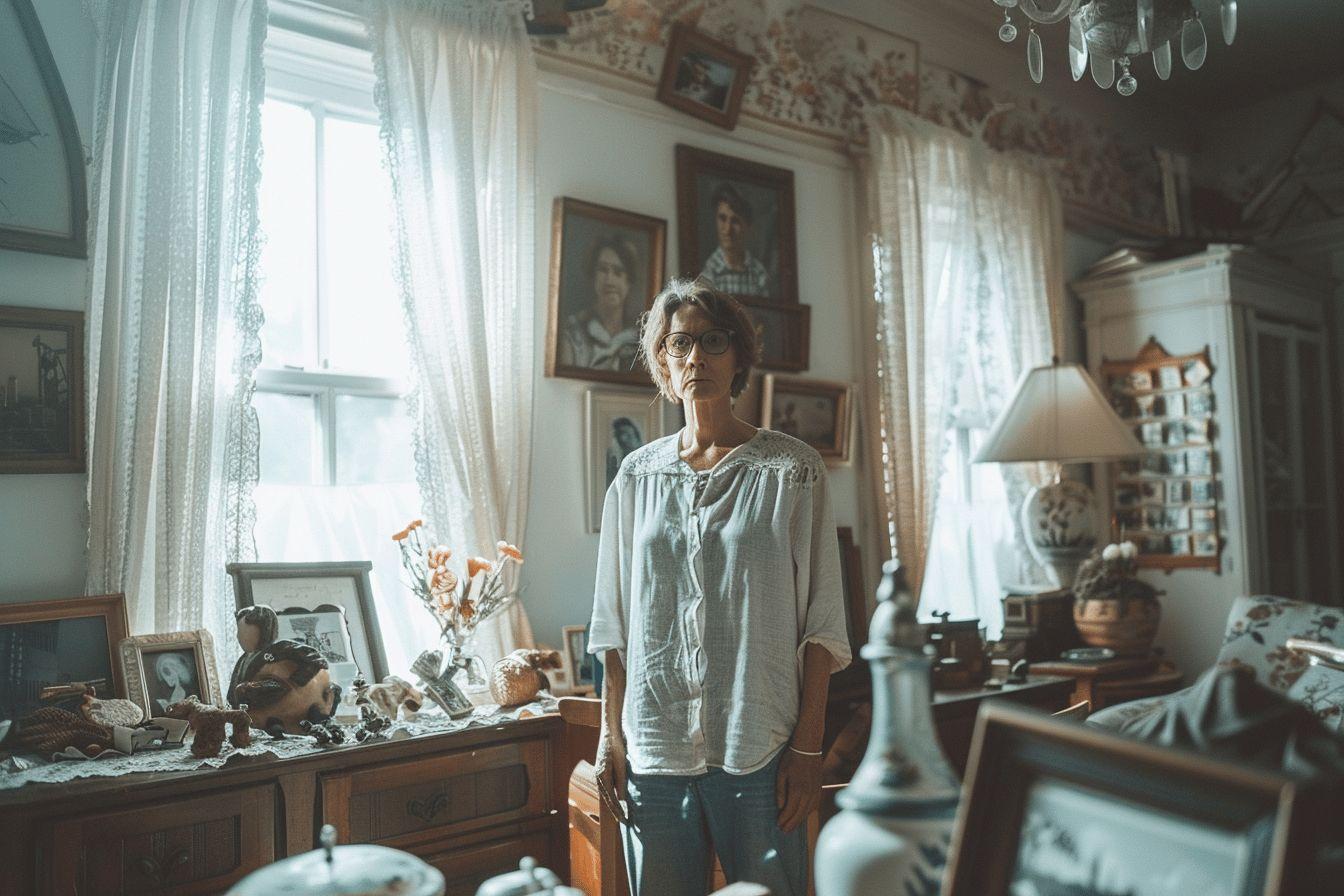 Une femme âgée en robe blanche dans une pièce remplie d'objets anciens