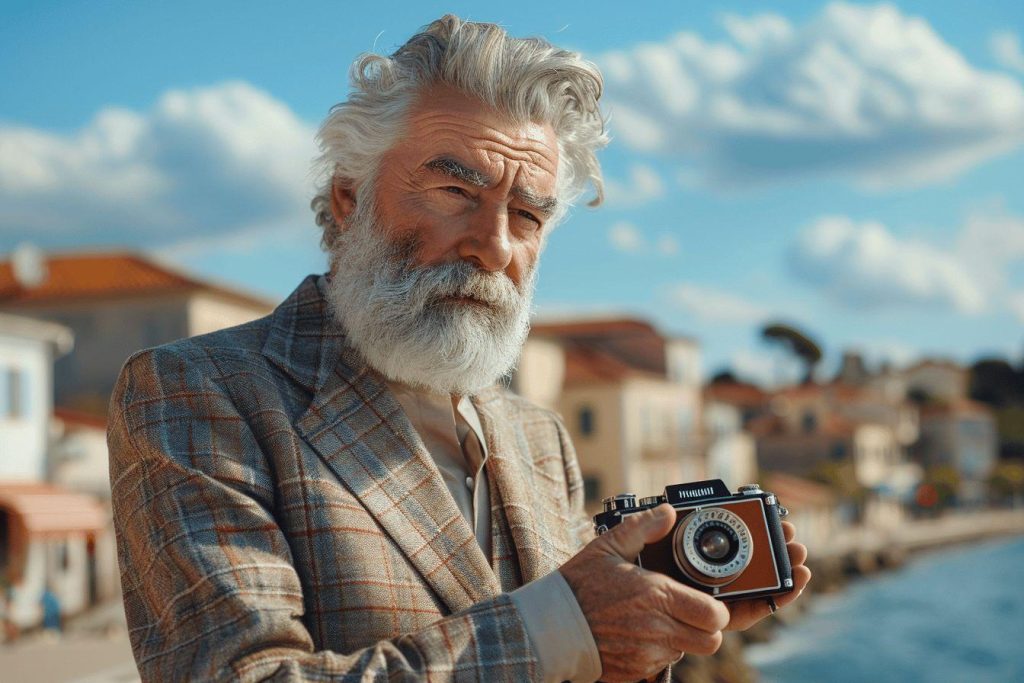 Un homme âgé avec une caméra vintage, capturant une scène en extérieur.