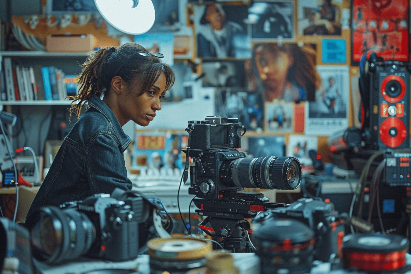 Femme photographe tournant une vidéo dans un studio de photographie