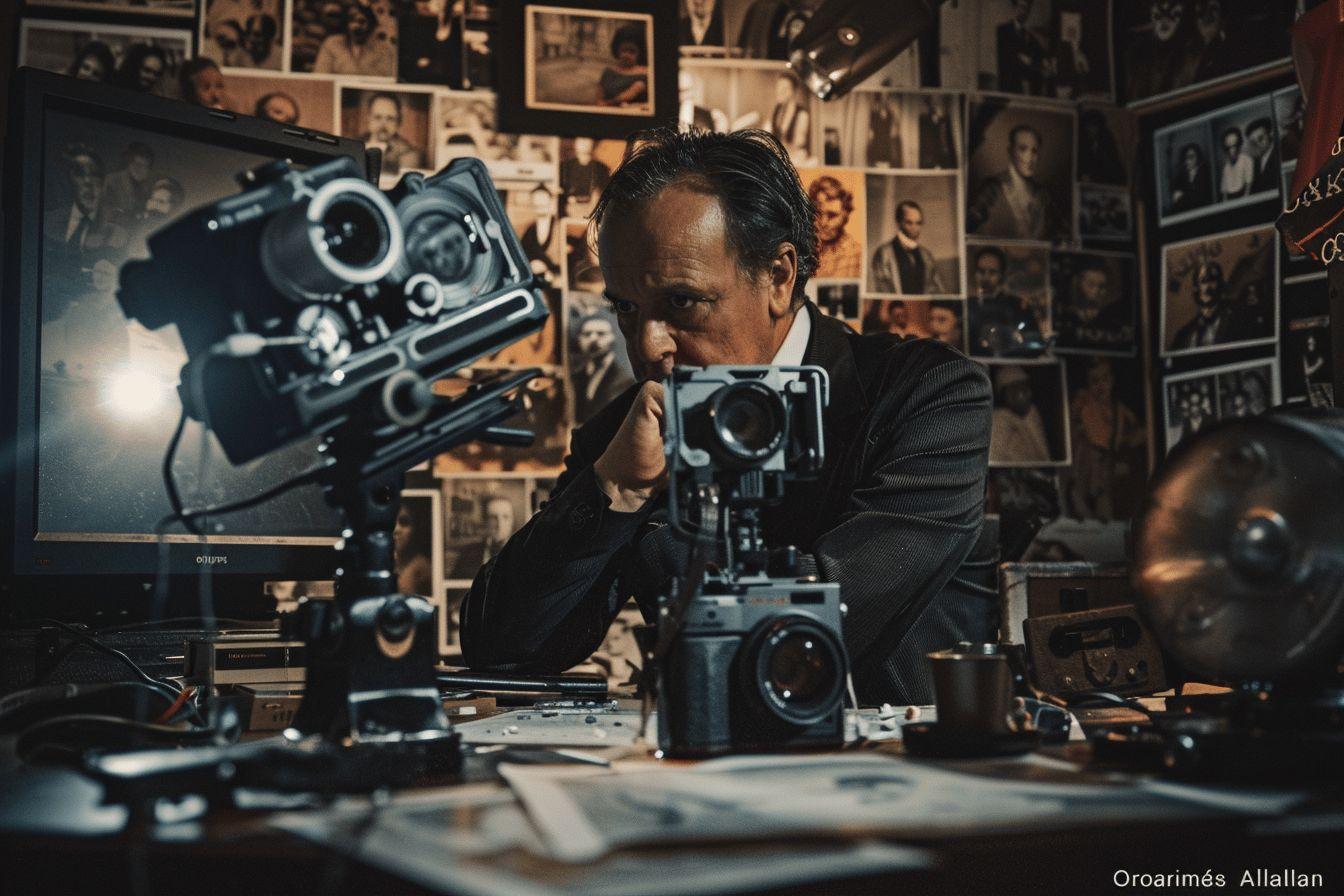 Un homme âgé, habillé d'un costume, utilise plusieurs appareils photo dans son atelier rempli d'images encadrées.