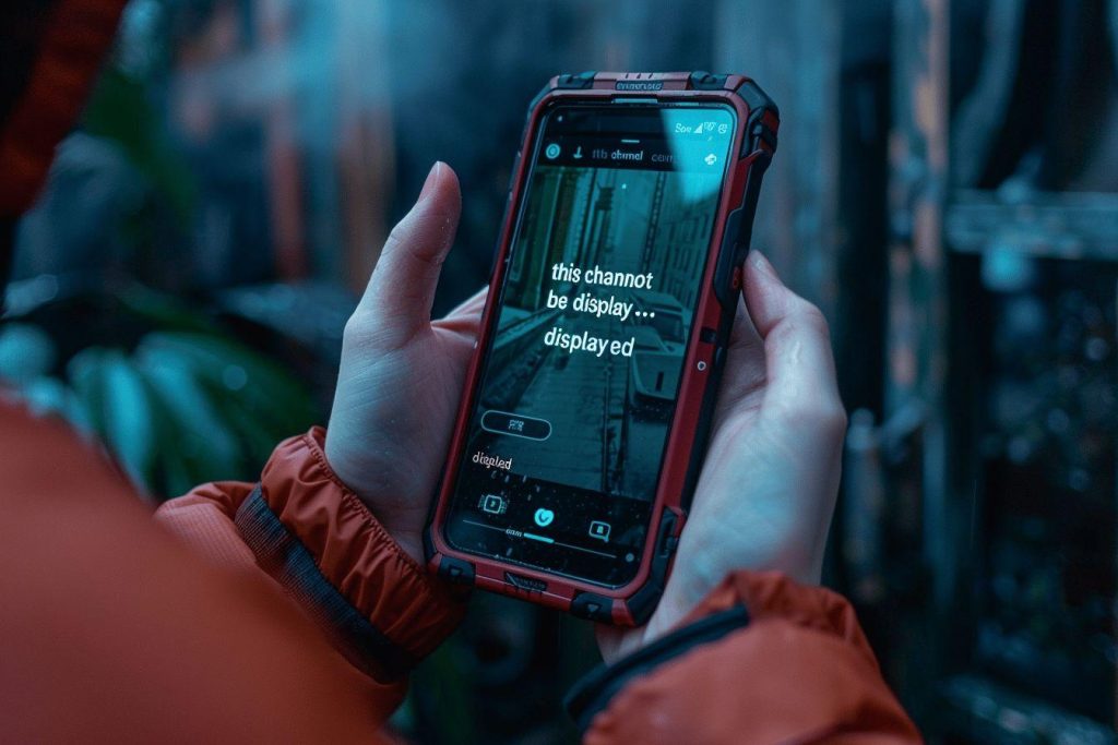 Une personne tenant un téléphone portable avec un message indiquant que l'affichage est impossible.
