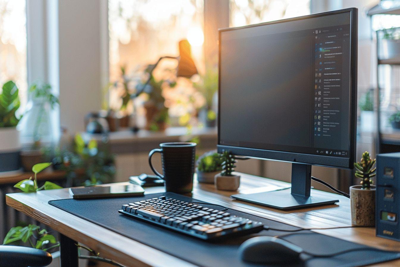 Bureau avec écran d'ordinateur, clavier, tasse et plantes ornementales.