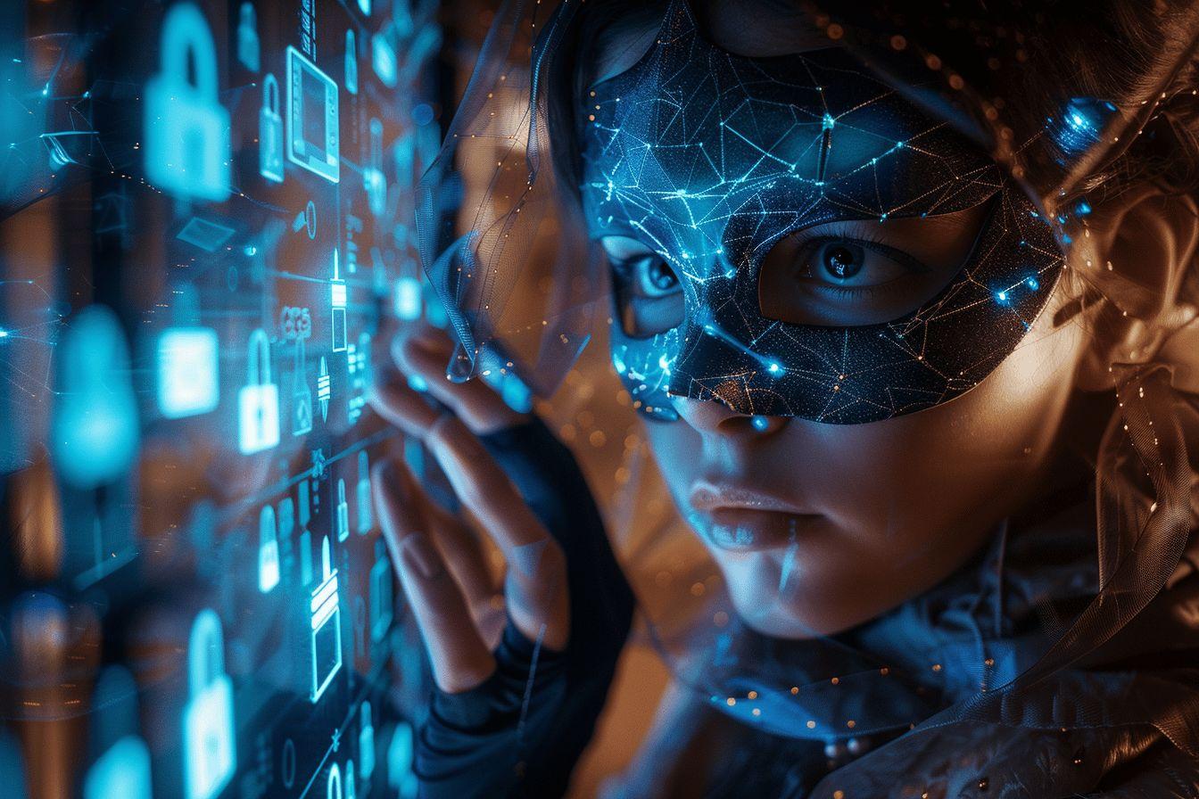 Portrait numérique d'un visage masqué dans un environnement technologique bleu.