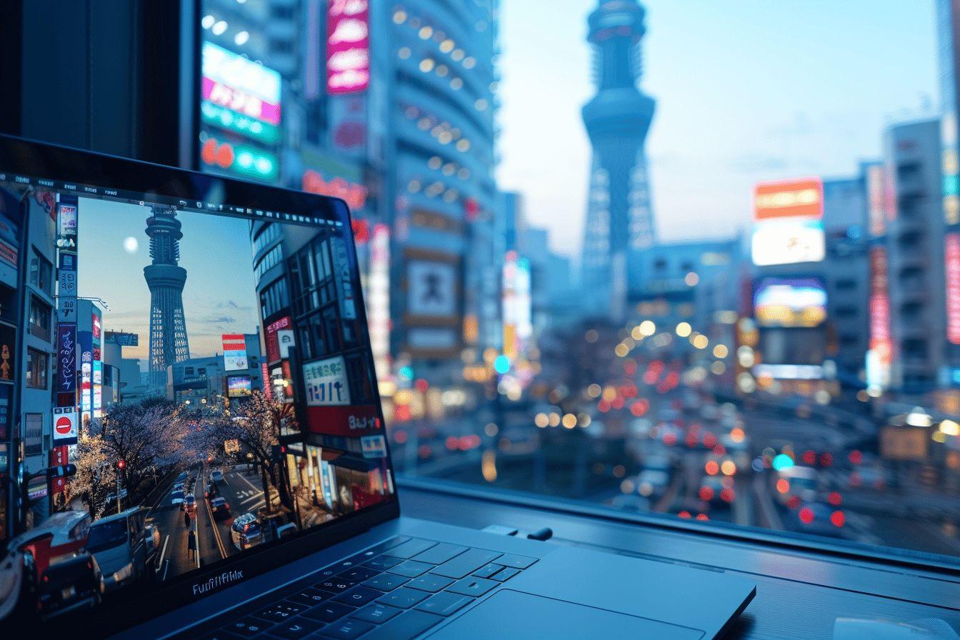 Un ordinateur portable posé devant une fenêtre avec une vue sur les lumières brillantes de la ville de Tokyo la nuit.