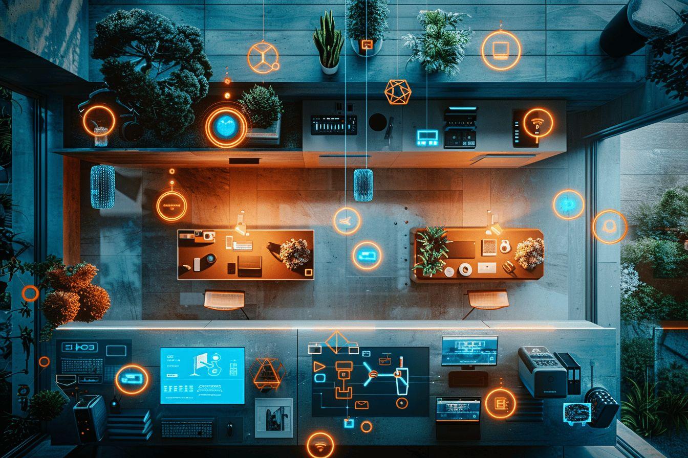 Intérieur moderne avec éléments technologiques et végétaux.