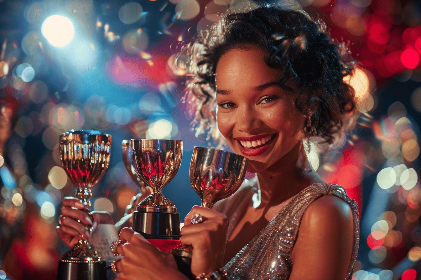 Une femme sourit, tenant fièrement deux trophées dans un cadre lumineux et festif.