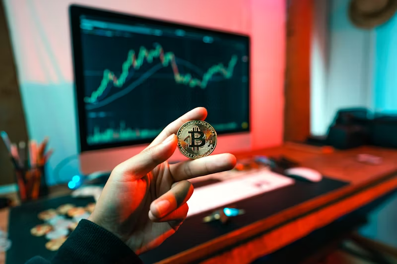 Main tenant une pièce Bitcoin devant un écran d'ordinateur affichant un graphique financier. Bureau avec clavier et documents en arrière-plan.
