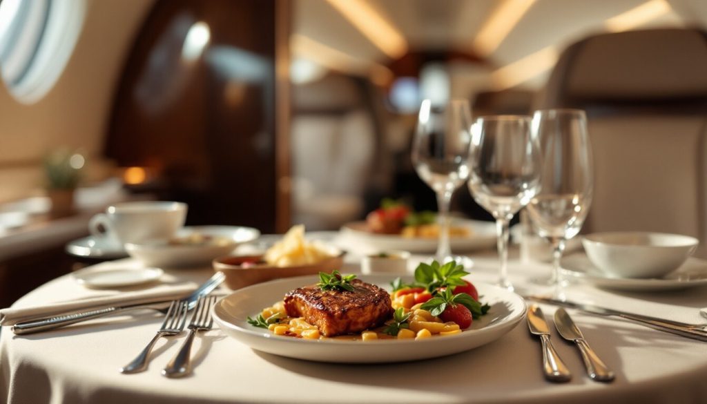 Un repas composé de steak, de légumes et de divers accompagnements est élégamment présenté sur une table dans la cabine d'un avion avec plusieurs verres à vin et ustensiles.