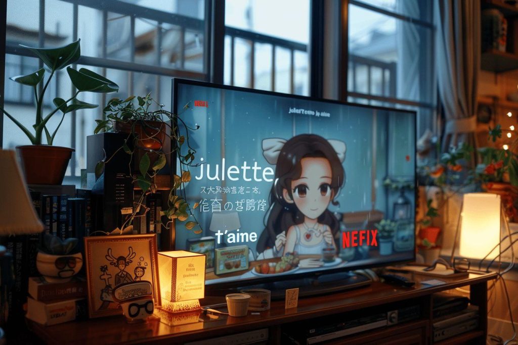 Intérieur chaleureux avec affiches anime, plantes et décorations.