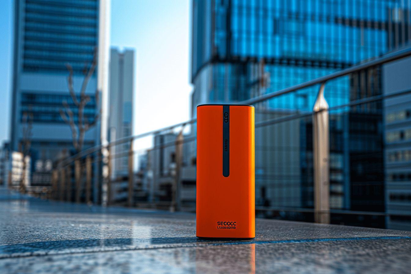 Batterie portable orange sur un sol mouillé avec gratte-ciel en arrière-plan