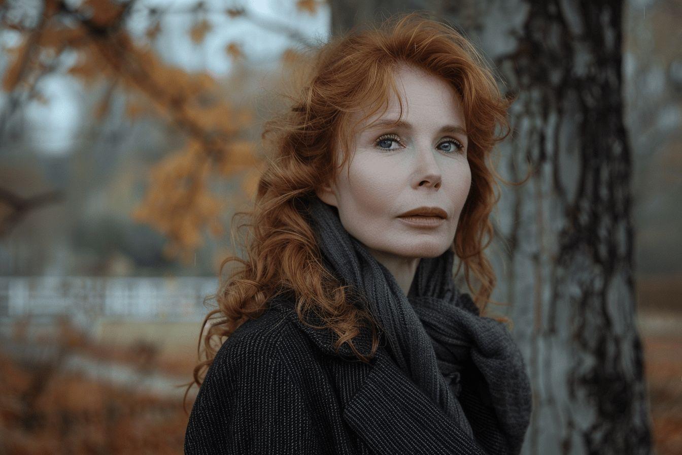 Portrait d'une femme aux cheveux roux pensif sous un arbre en automne
