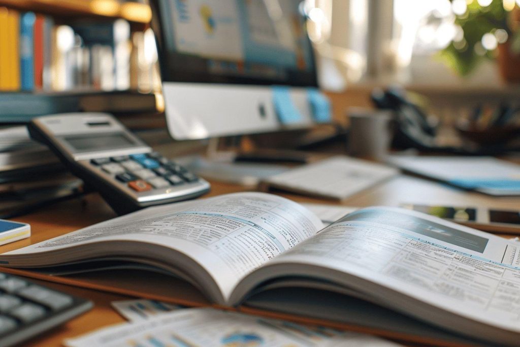 Espace de travail encombré avec ordinateur, livres, calculatrice et papiers