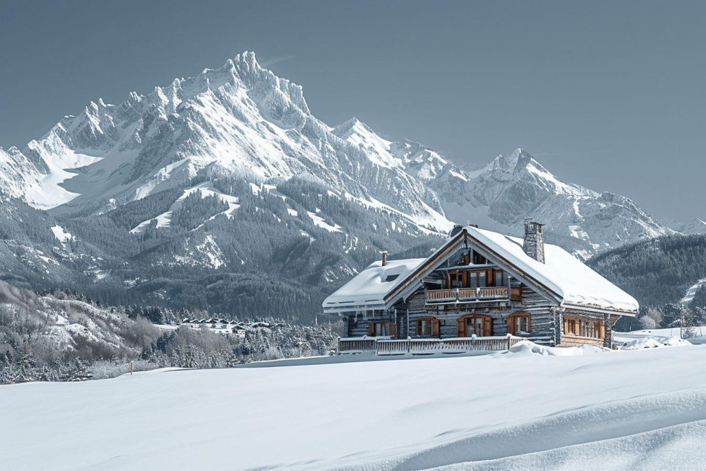 Chalet en bois entouré de montagnes enneigées dans un paysage hivernal