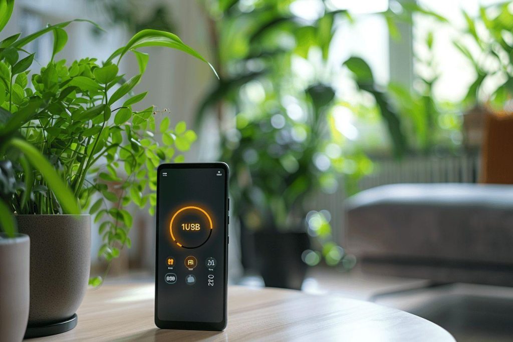 Smartphone affichant le niveau de charge USB sur une table avec des plantes