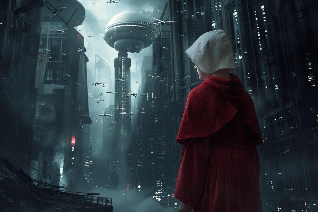 Une figure cloîtrée dans un manteau rouge regarde une ville sombre et futuriste.