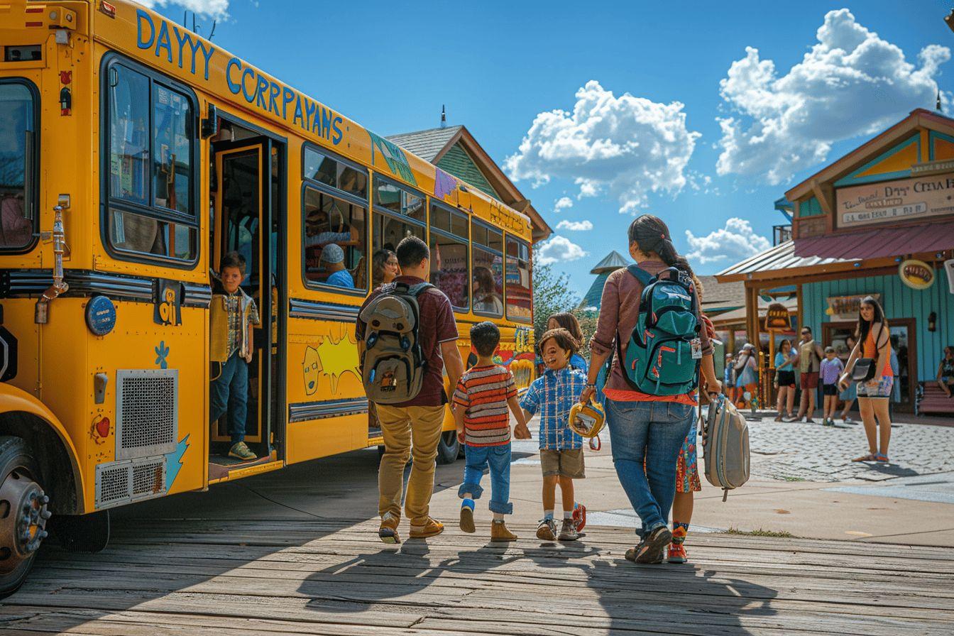 Des enfants et des adolescents montent dans un bus scolaire jaune devant un bâtiment.