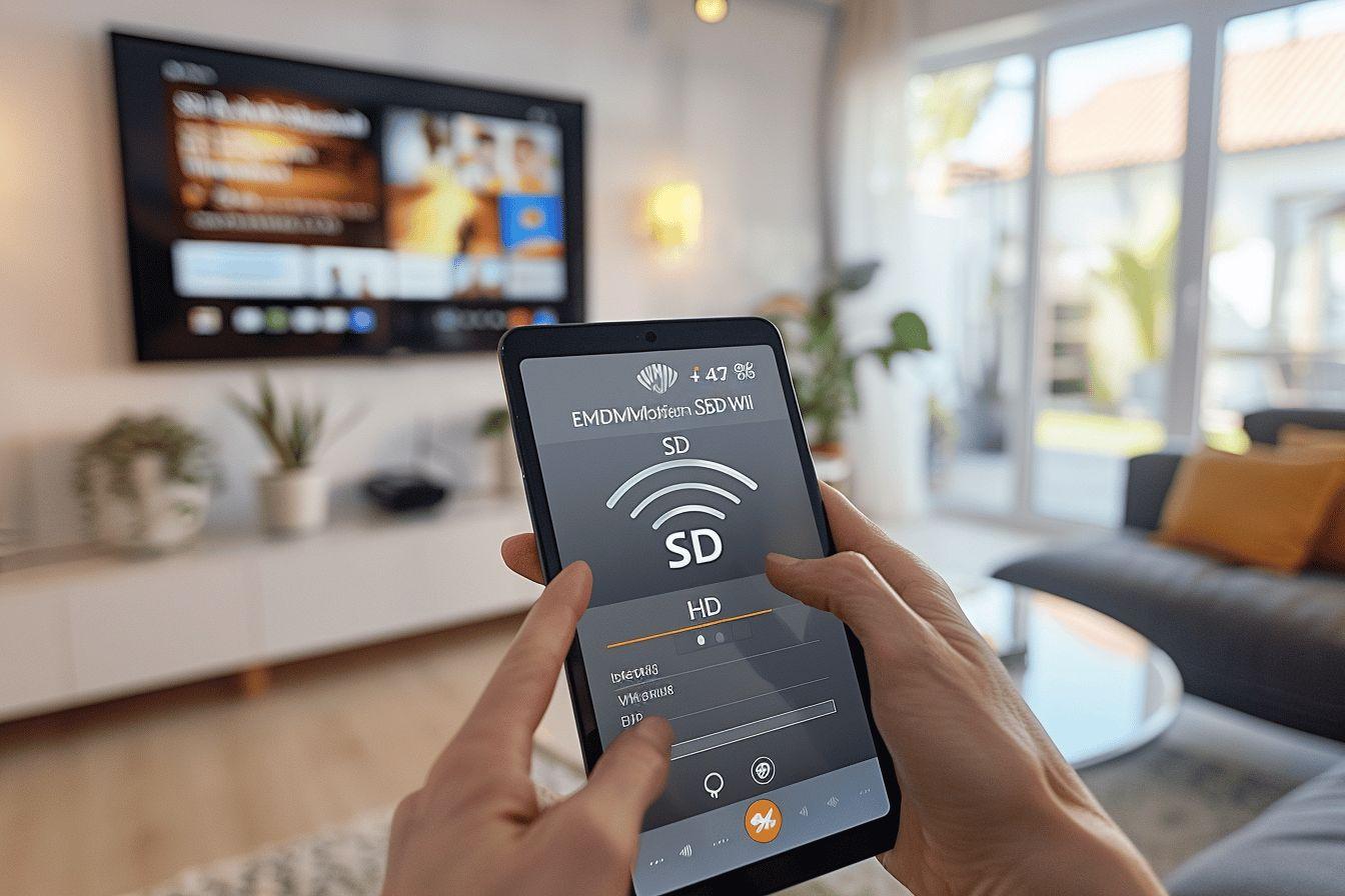 Un smartphone affichant une connexion sans fil à un téléviseur dans un salon lumineux.