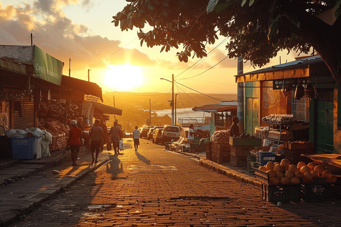 Scène animée d'un marché au coucher du soleil, avec des étals de fruits et légumes.