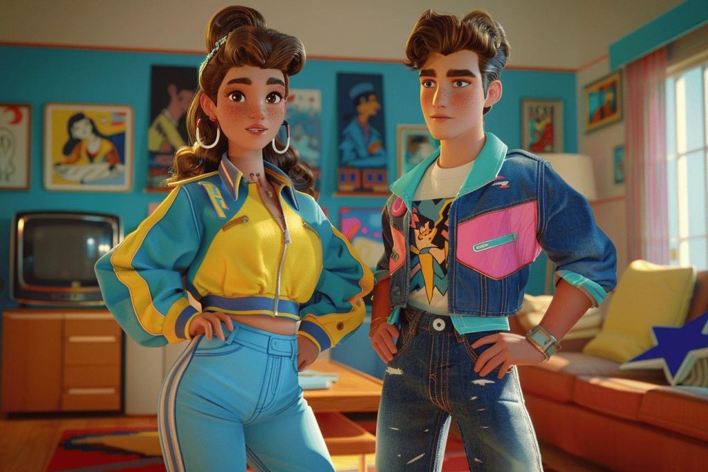 Deux personnages animés dans un décor coloré des années 80
