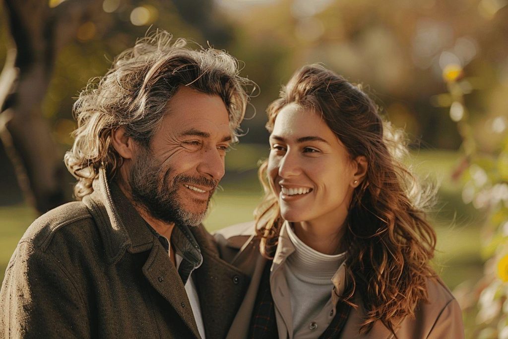 Un homme et une femme souriants se regardent dans un cadre naturel