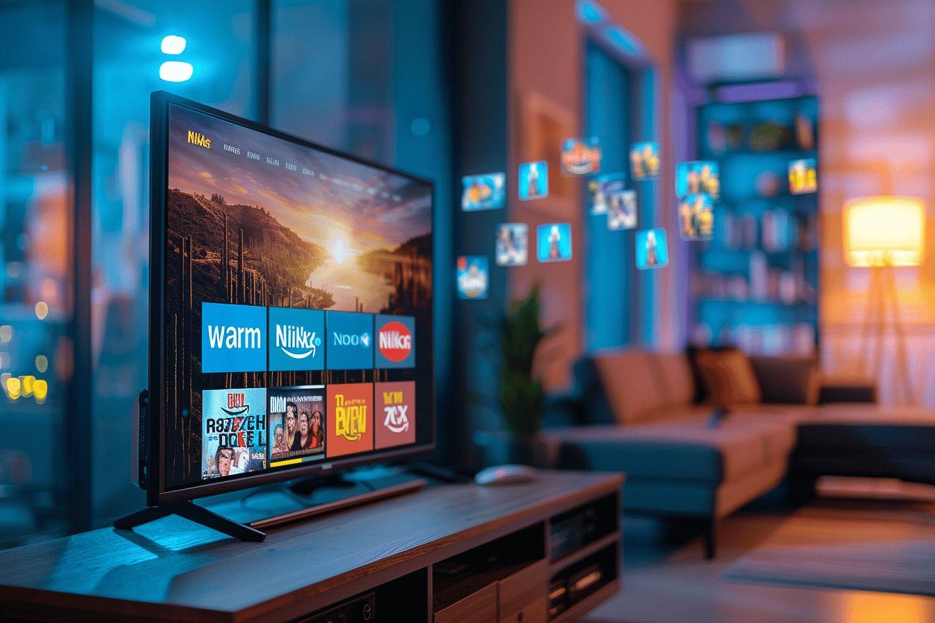 Gros plan sur un écran de télévision HD affichant diverses applications et contenus vidéo