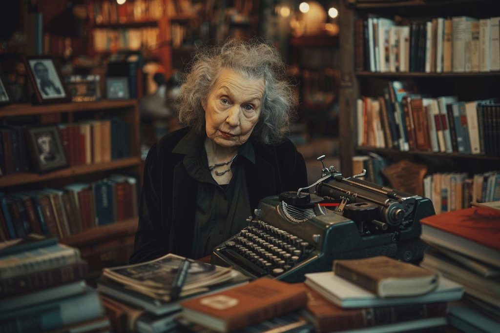 Une femme âgée écrivant sur une machine à écrire dans une librairie sombre et remplie de livres