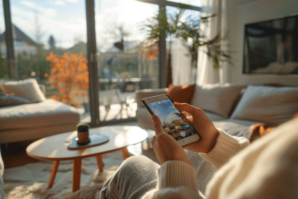 Personne utilisant un smartphone dans un salon confortable avec vue sur l'extérieur