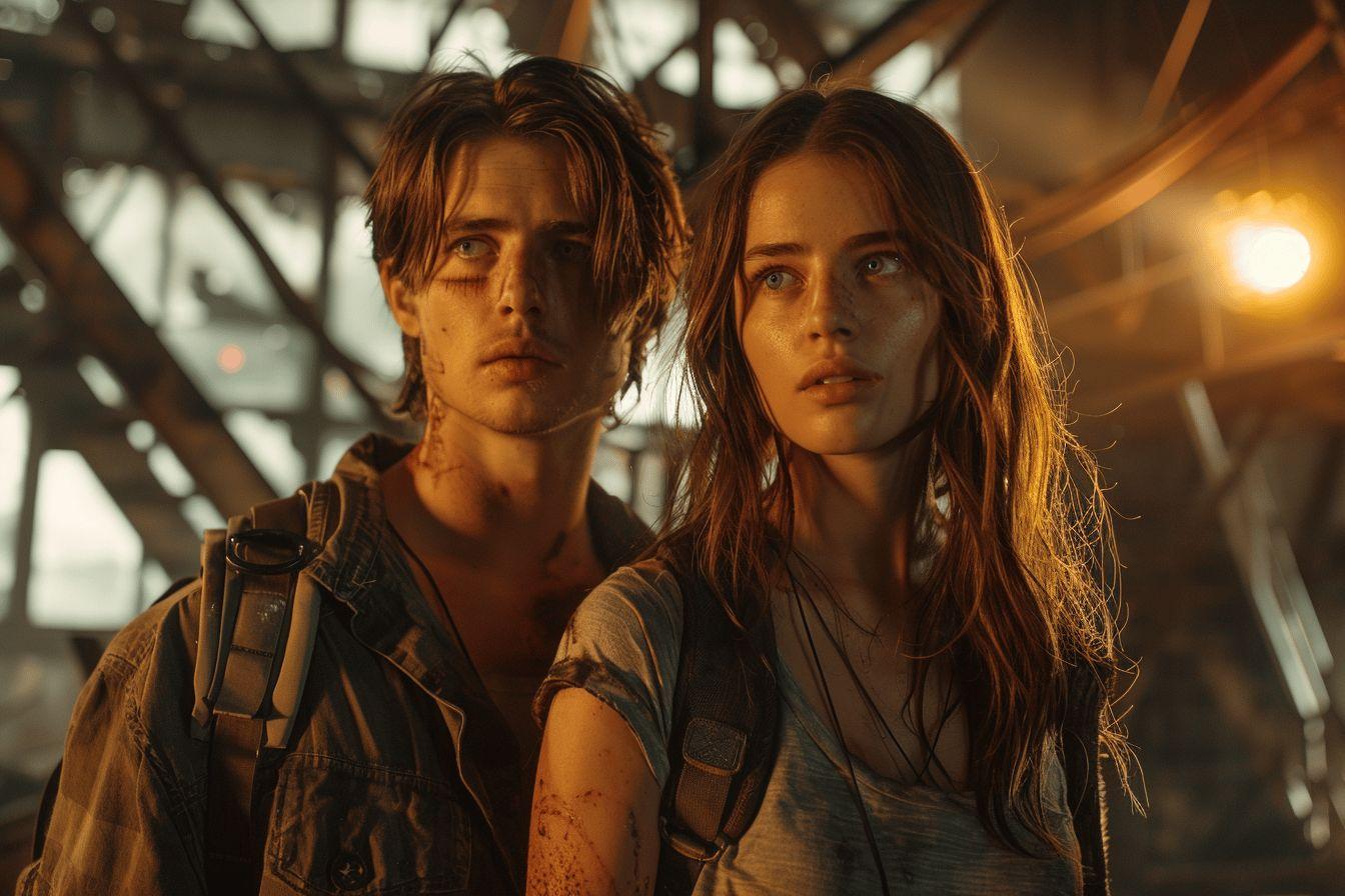 Deux jeunes aventuriers contemplent l'horizon avec détermination.