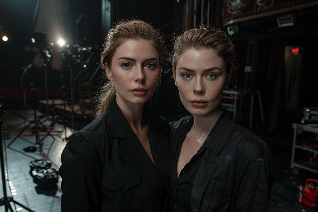 Deux femmes élégantes en manteaux sombres, posant avec intensité.