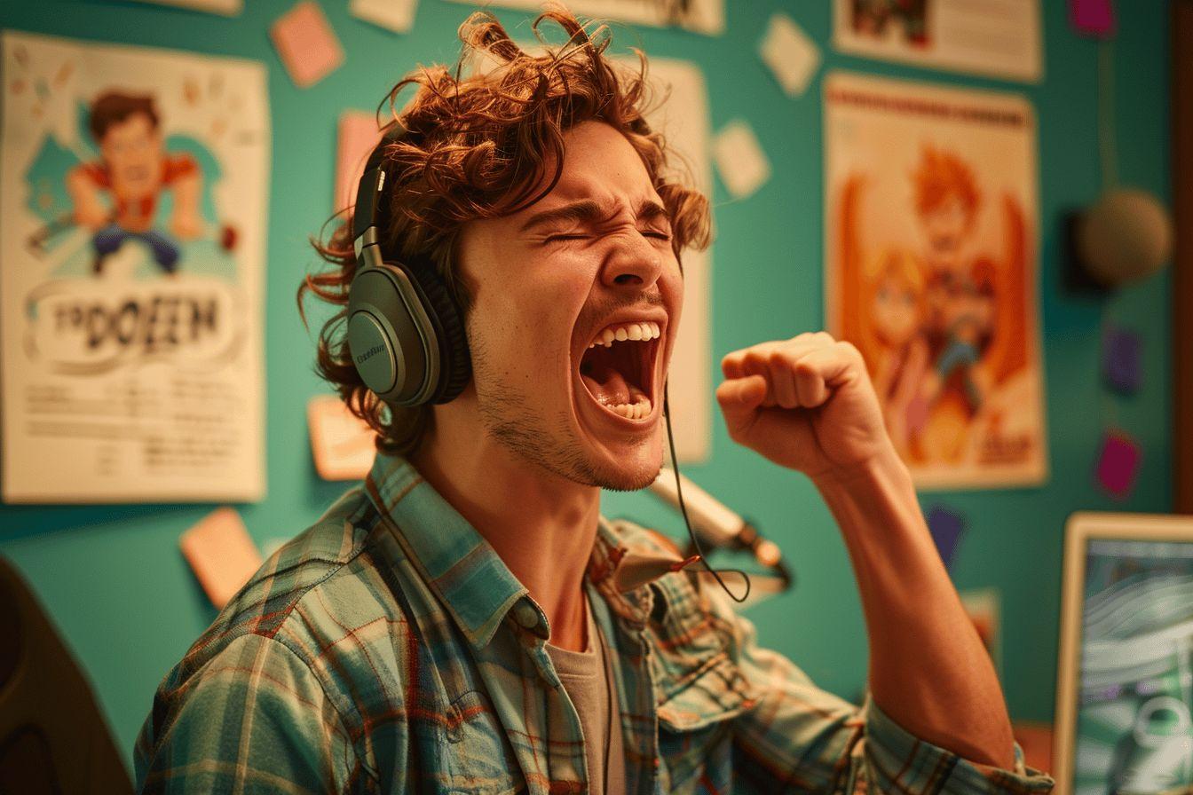 Un homme aux cheveux bouclés crie avec passion tout en écoutant de la musique