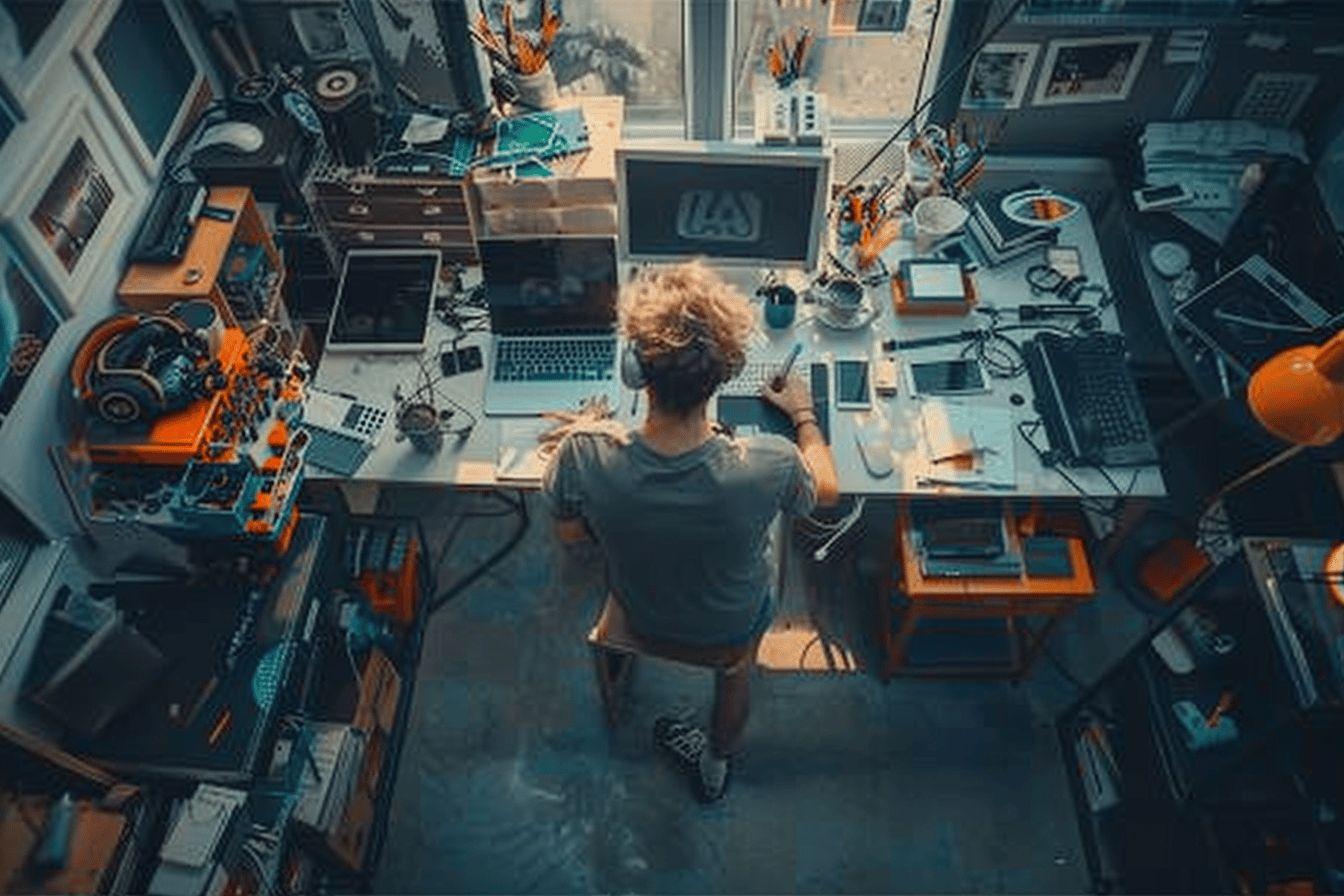 Un espace de bureau encombré et personnel rempli d'équipements électroniques et d'accessoires.