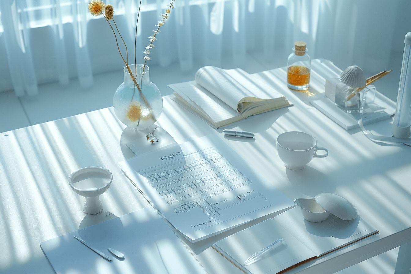 Table de travail blanche avec accessoires, livre ouvert et fleurs