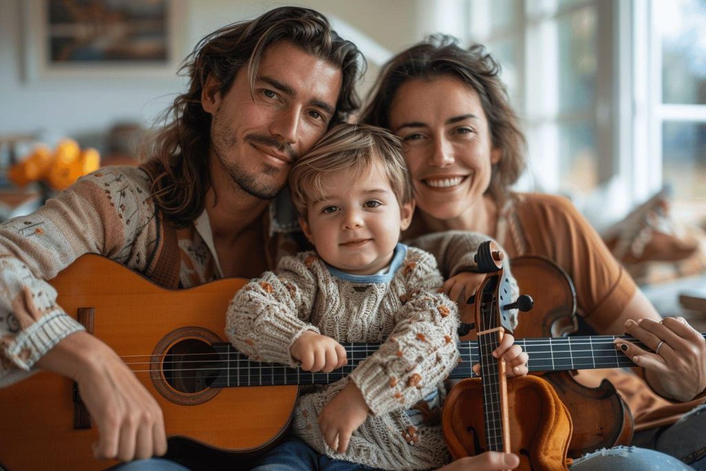 Un couple et leur enfant jouent de la guitare et du violon ensemble