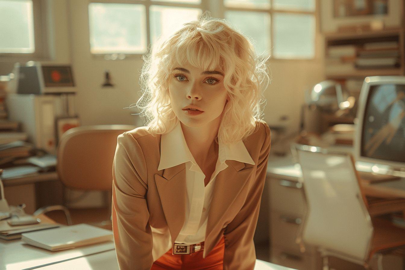 Portrait en gros plan d'une femme aux cheveux blonds ondulés et à l'expression pensive.