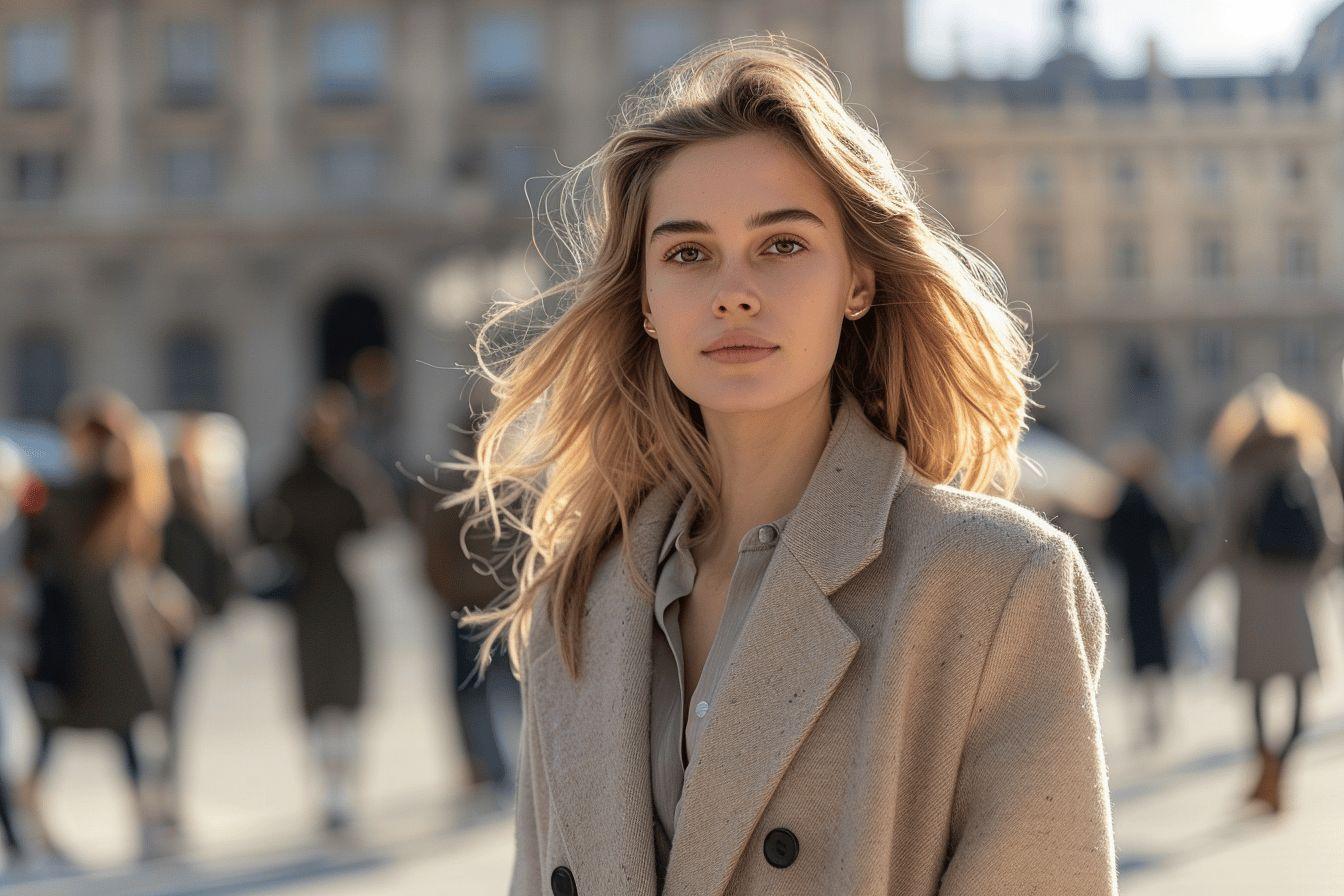 Portrait d'une femme blonde vêtue d'un manteau beige, regardant de façon pensive