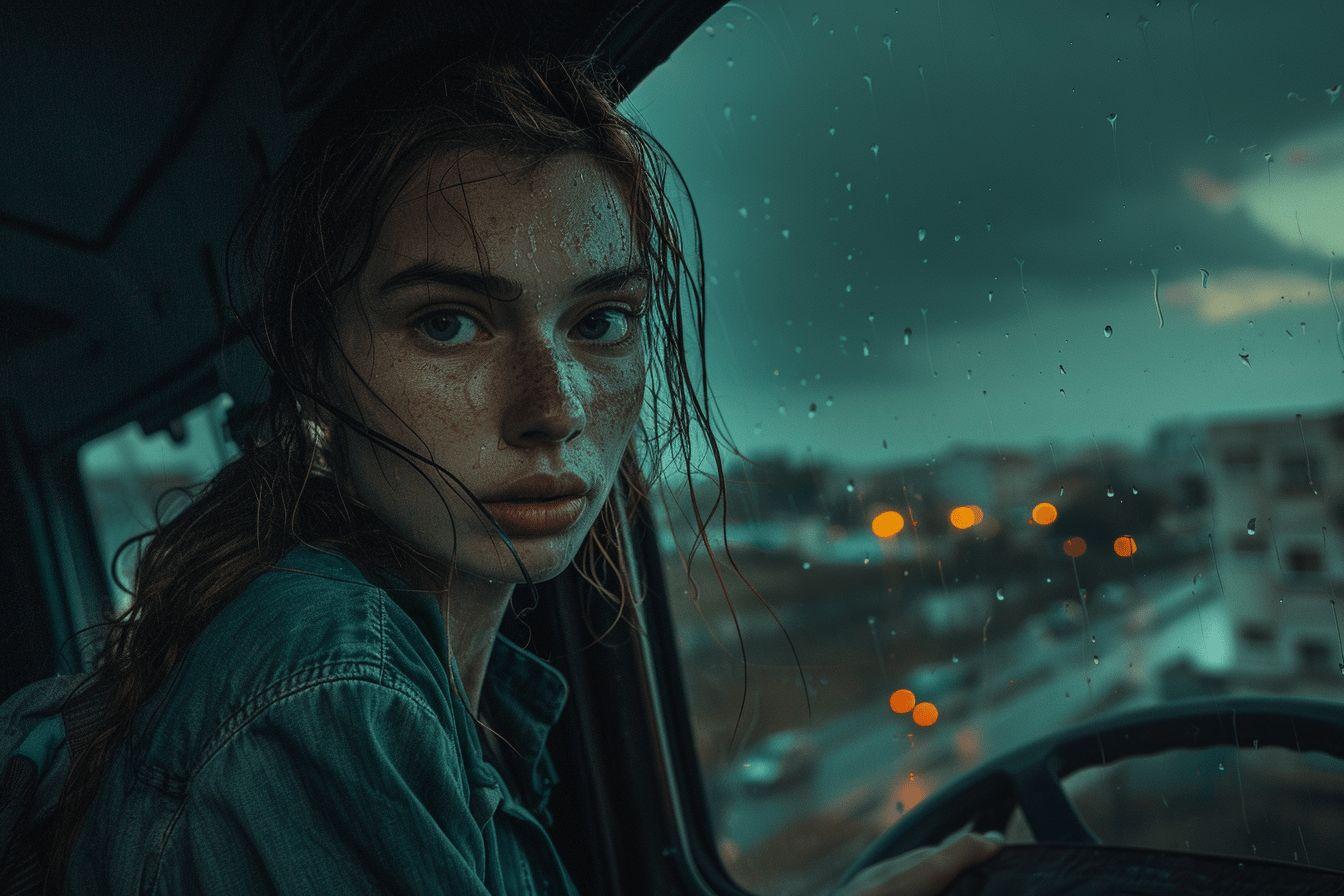 Portrait d'une jeune femme contemplative dans une voiture sous la pluie.
