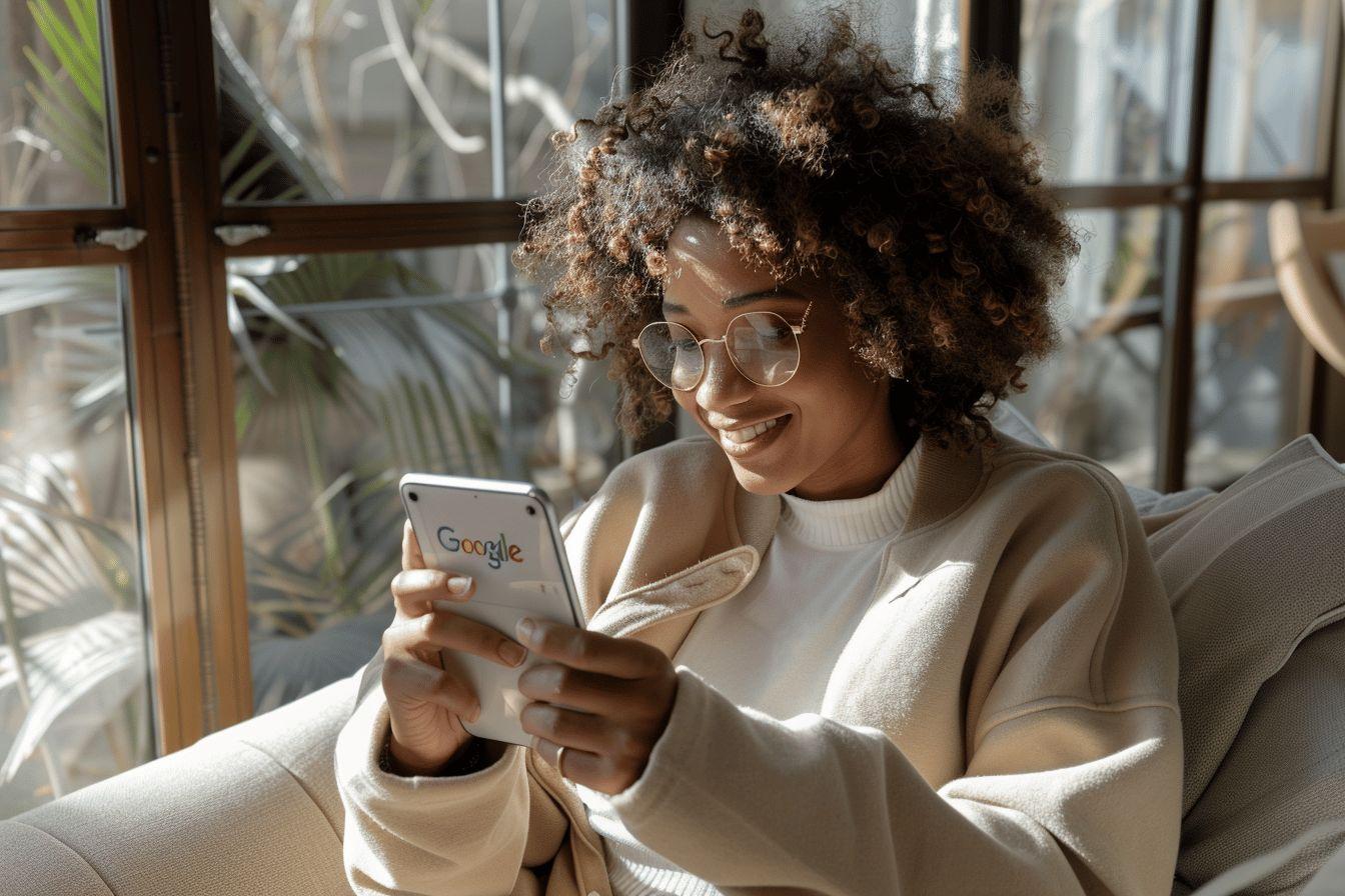 Une femme aux cheveux bouclés sourit tout en utilisant un smartphone.