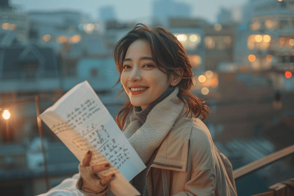 Une femme souriante tenant un livre et marchant dans la ville au crépuscule