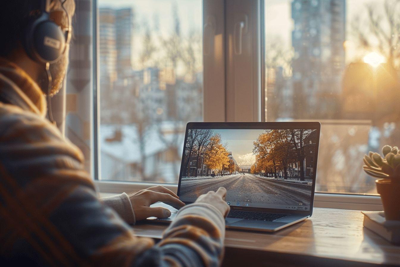 Personne travaillant sur un ordinateur portable avec vue sur la rue en automne
