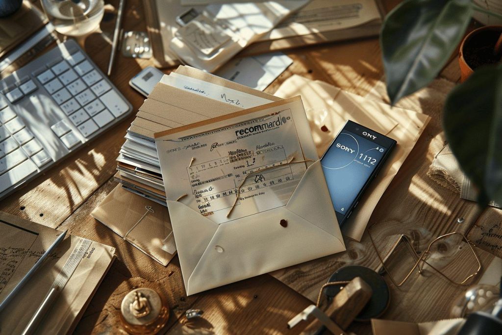 Désordre de papiers, cassettes et objets sur un bureau en bois ancien