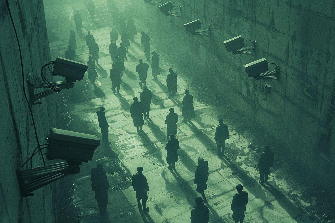 Silhouettes de personnes marchant dans un couloir sombre et brumeux