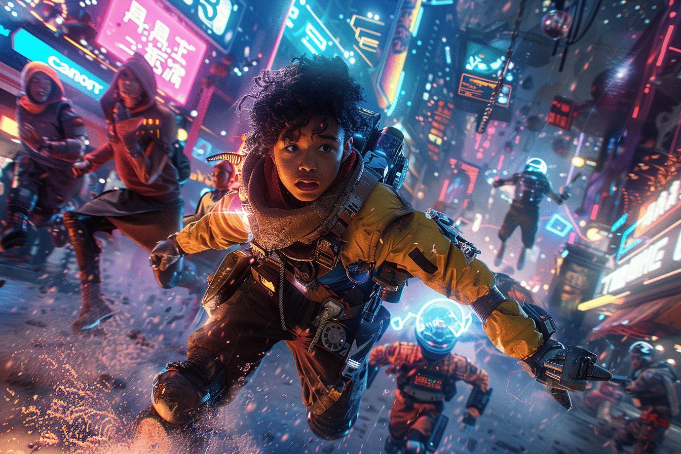 Une personne en équipement futuriste vole dans une ville de nuit illuminée.