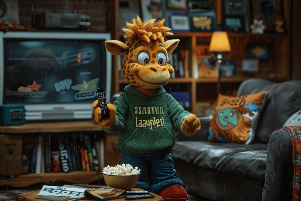 Peluche de girafe tenant une télécommande et un bol de popcorn