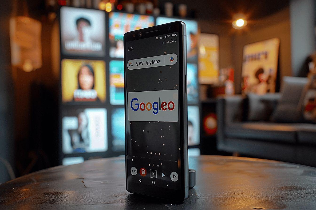 Téléphone portable affichant le logo de Googlephone sur un fond sombre et coloré