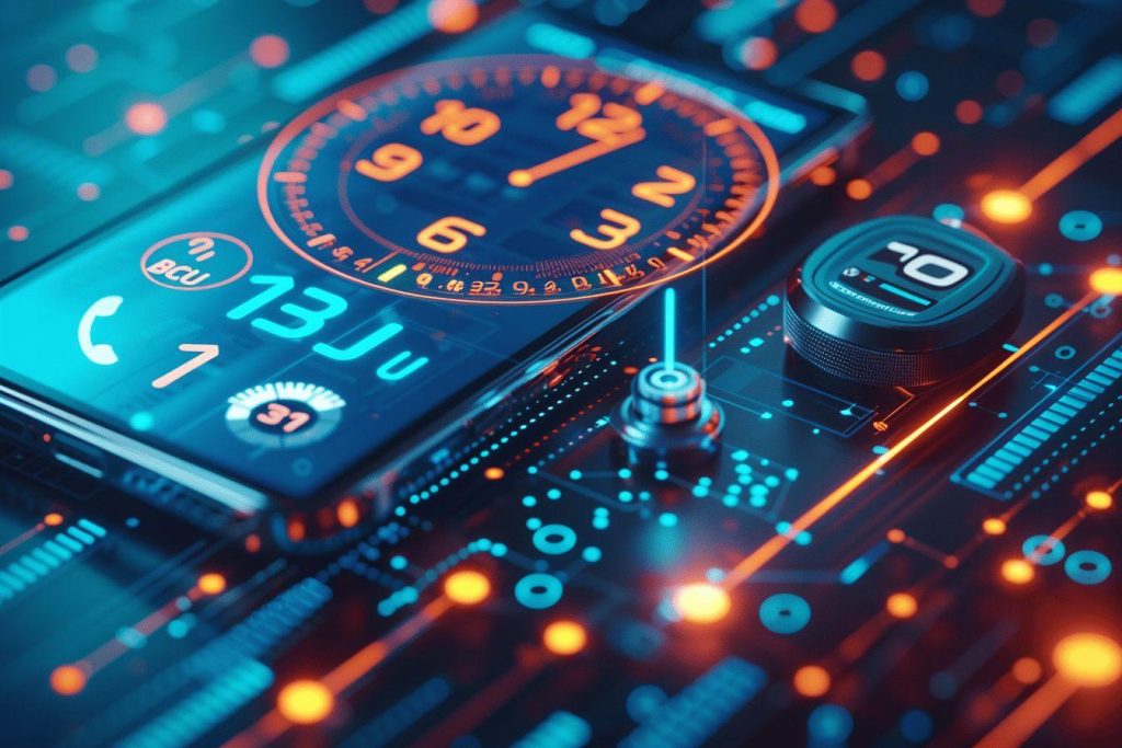 Gros plan sur un écran affichant une horloge analogique avec des indicateurs numériques.