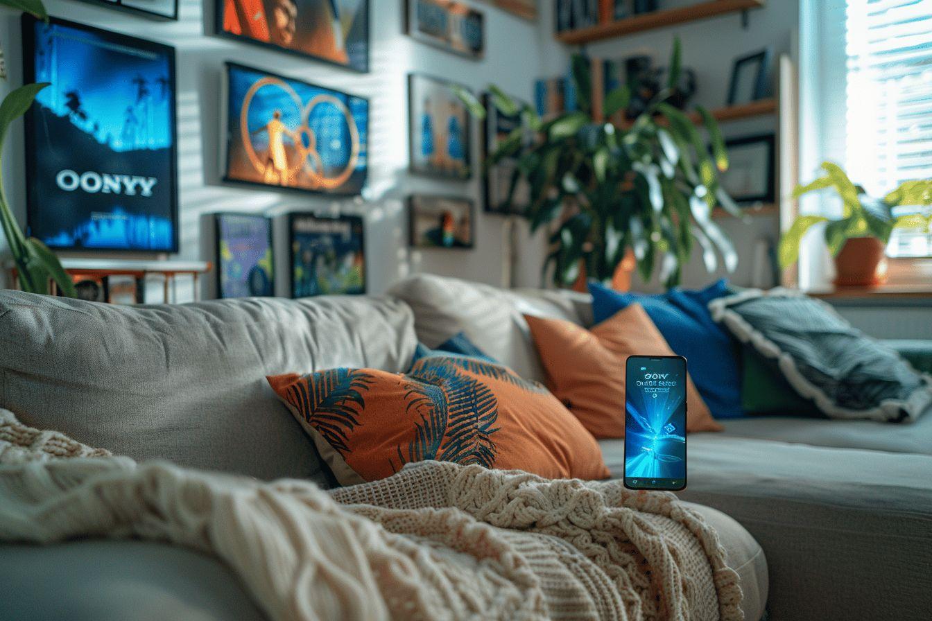 Pièce décorée de plantes, coussins colorés et téléphone sur le canapé