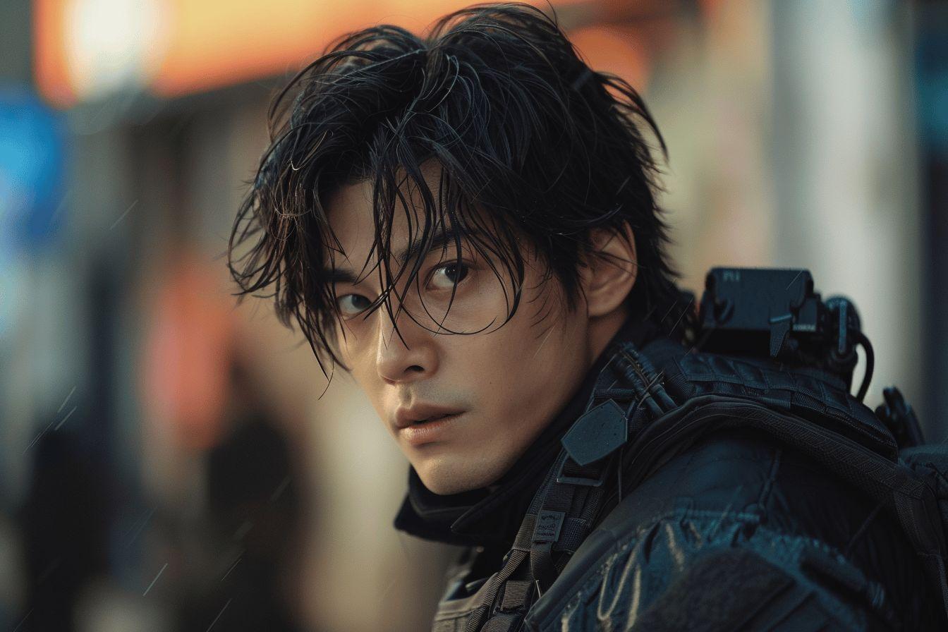 Portrait d'un jeune homme au regard intense et cheveux décoiffés, portant un équipement militaire.