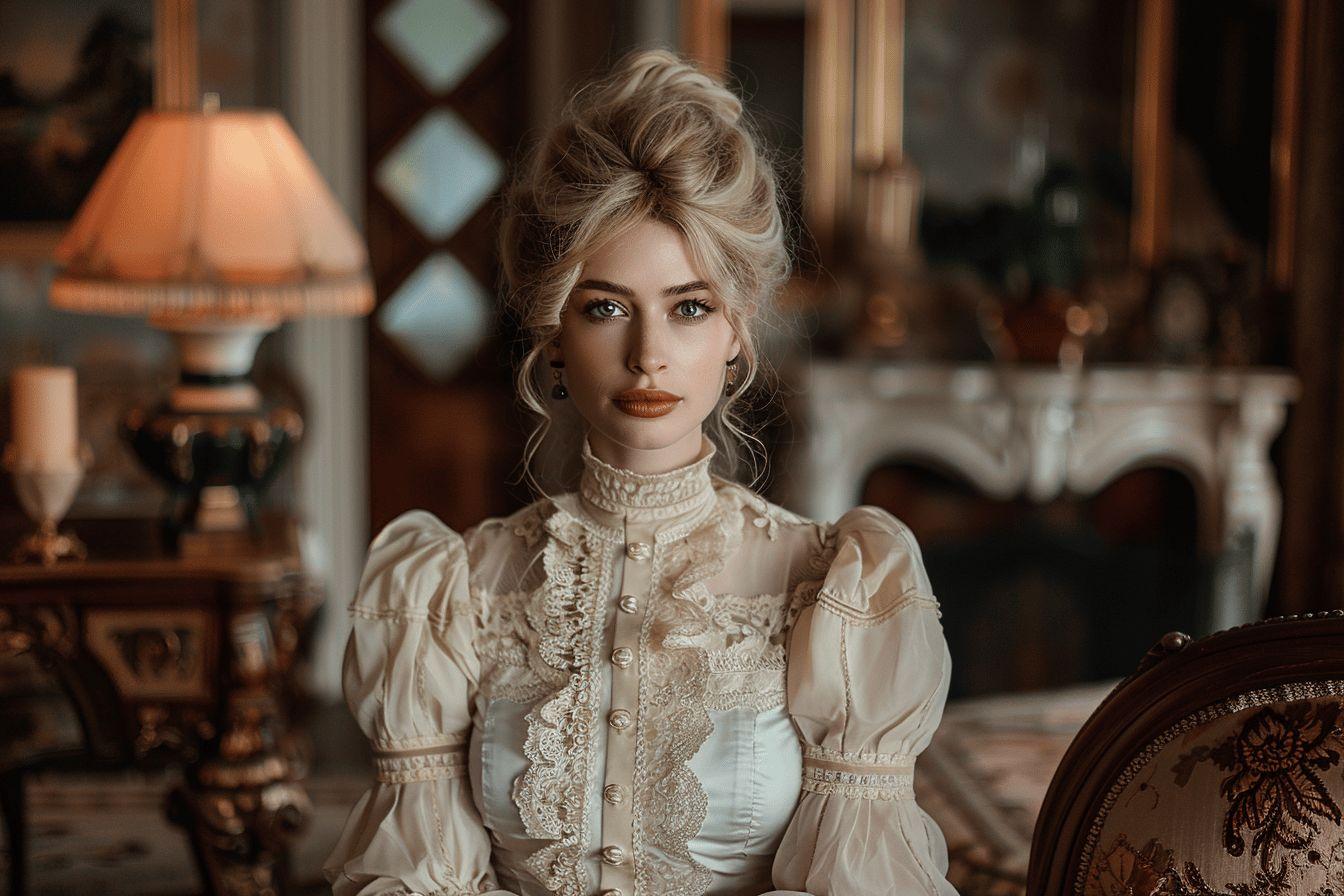 Jeune femme avec coiffure sophistiquée dans un intérieur vintage