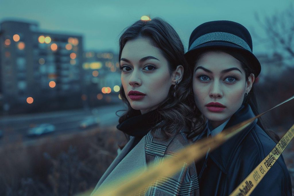 Deux jeunes femmes élégantes posent dans une ville la nuit