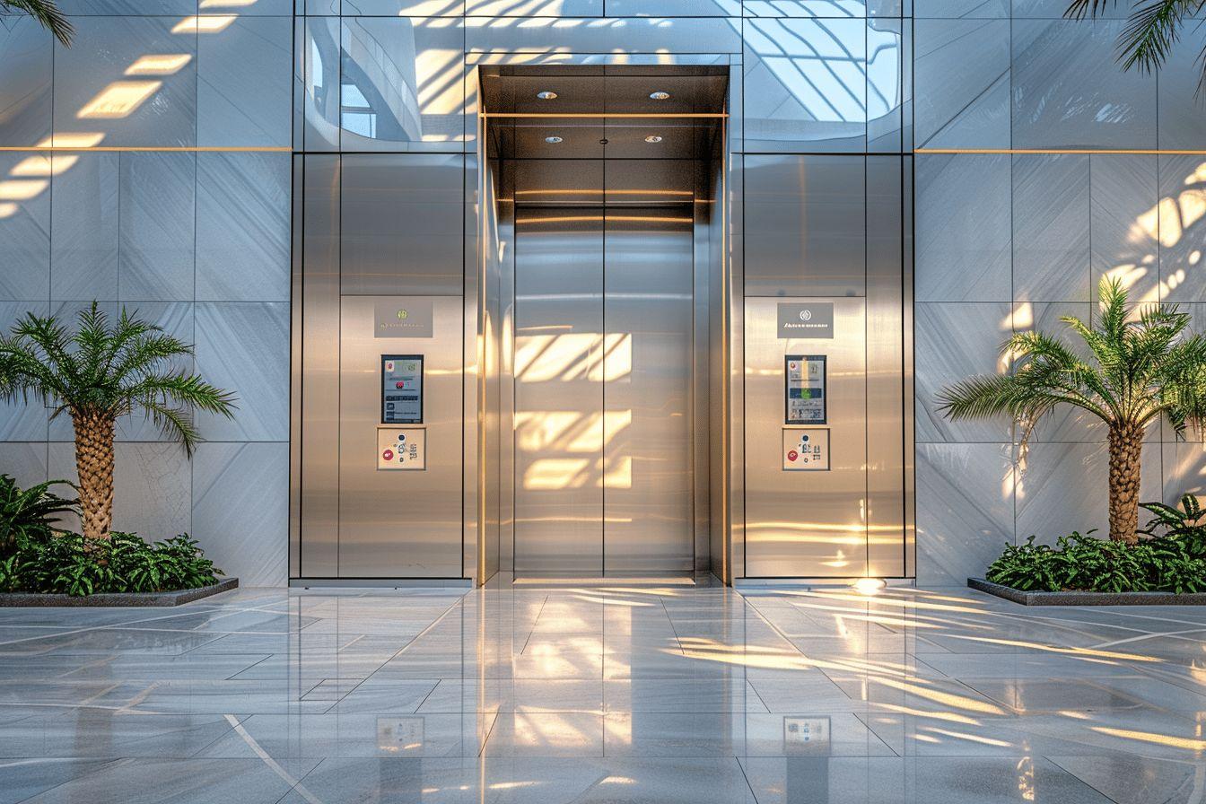 Portes d'ascenseur dans un hall vitreux avec des palmiers
